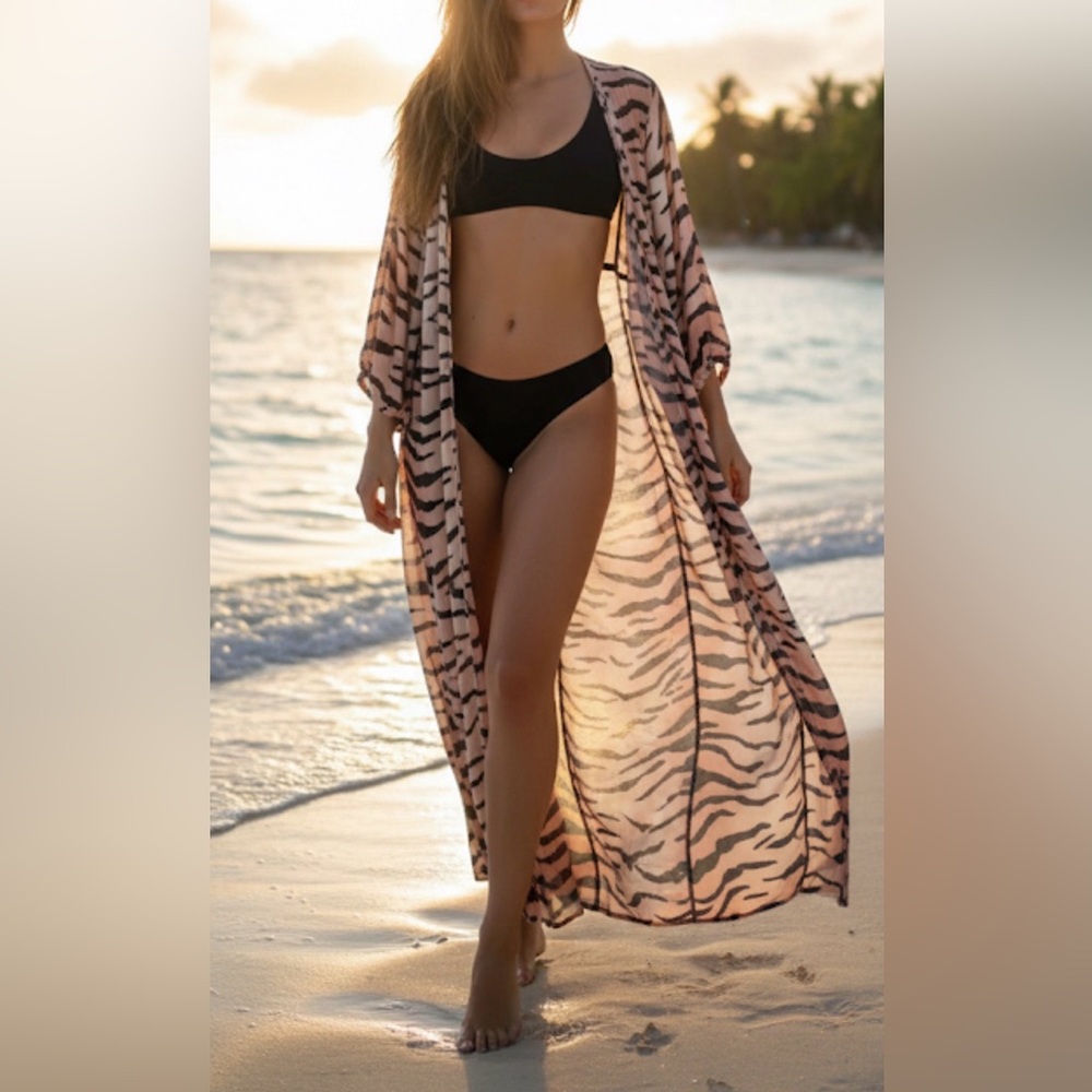 Adrienne Zebra Print Kimono L Lighweight LONG SLEEVE SUMMER LUXURY NEUTRAL‎ BOHO